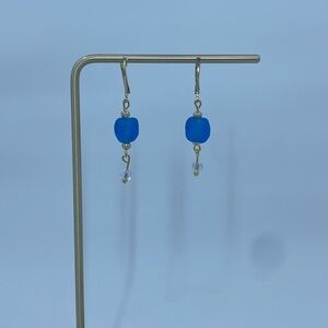 Elegant Blue sea glass and crystal Gold Plated Drop Earrings